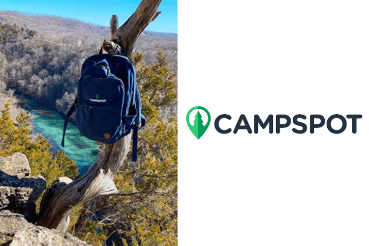 Campspot logo on a white background next to an image of a backpage hanging from a tree branch.