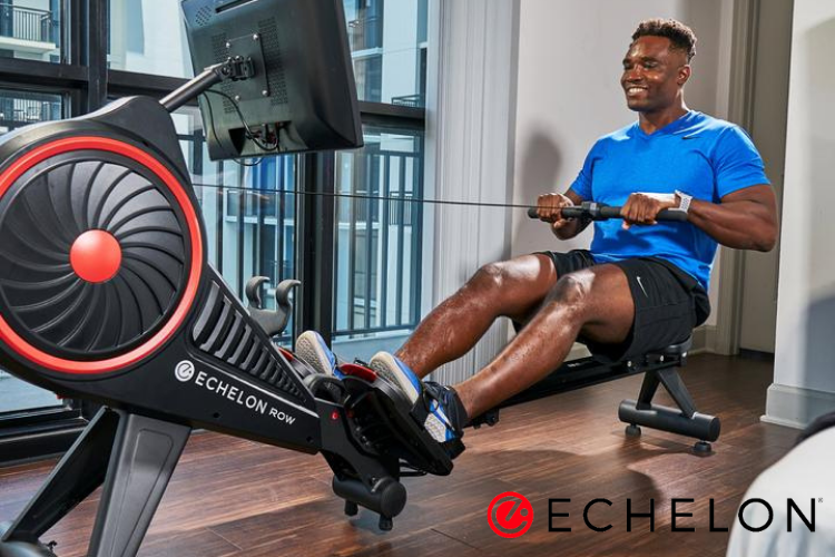 A man using a rowing machine from the company Echelon Fitness
